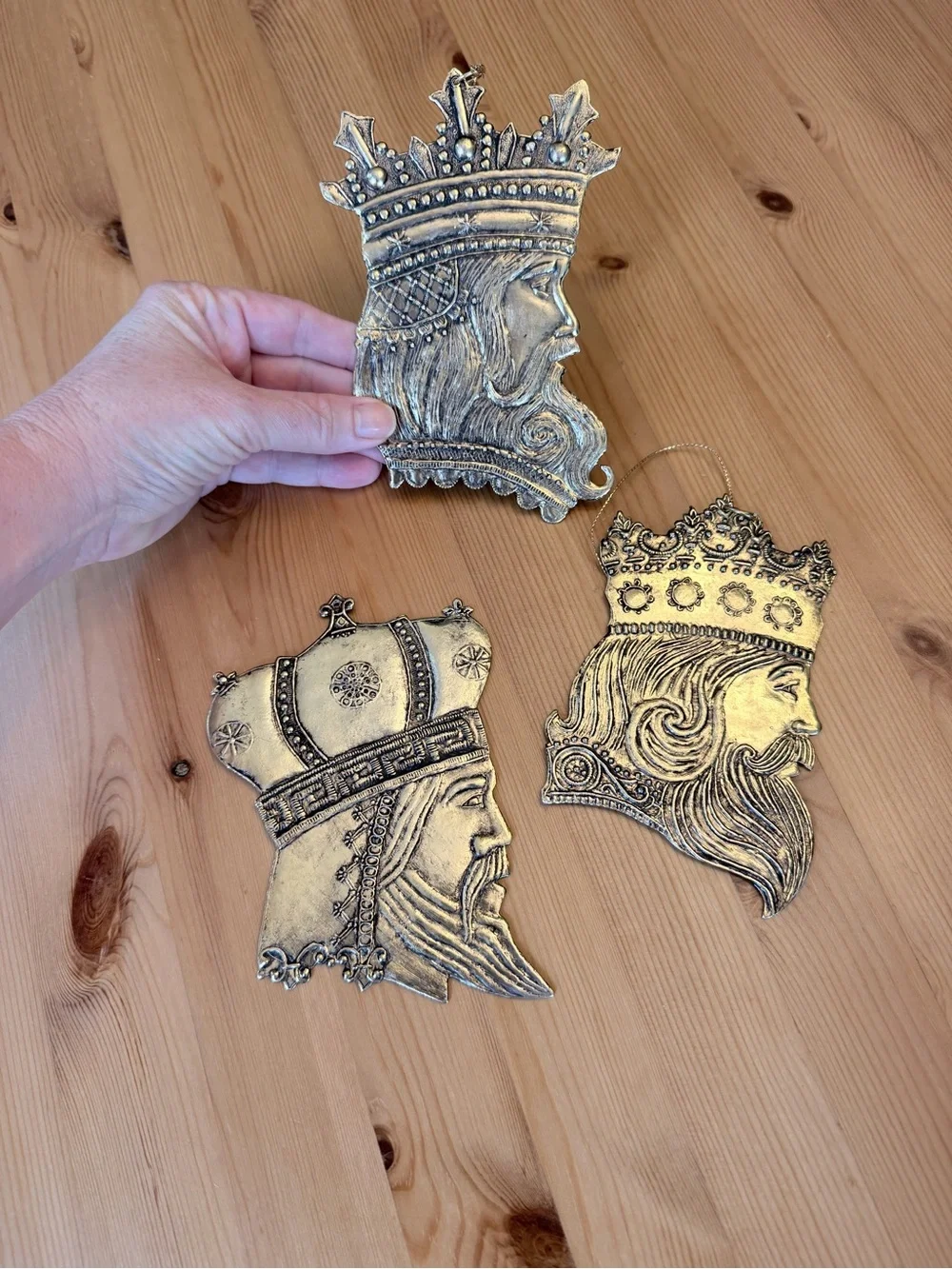 Vintage Gold King Head Ornament Trio